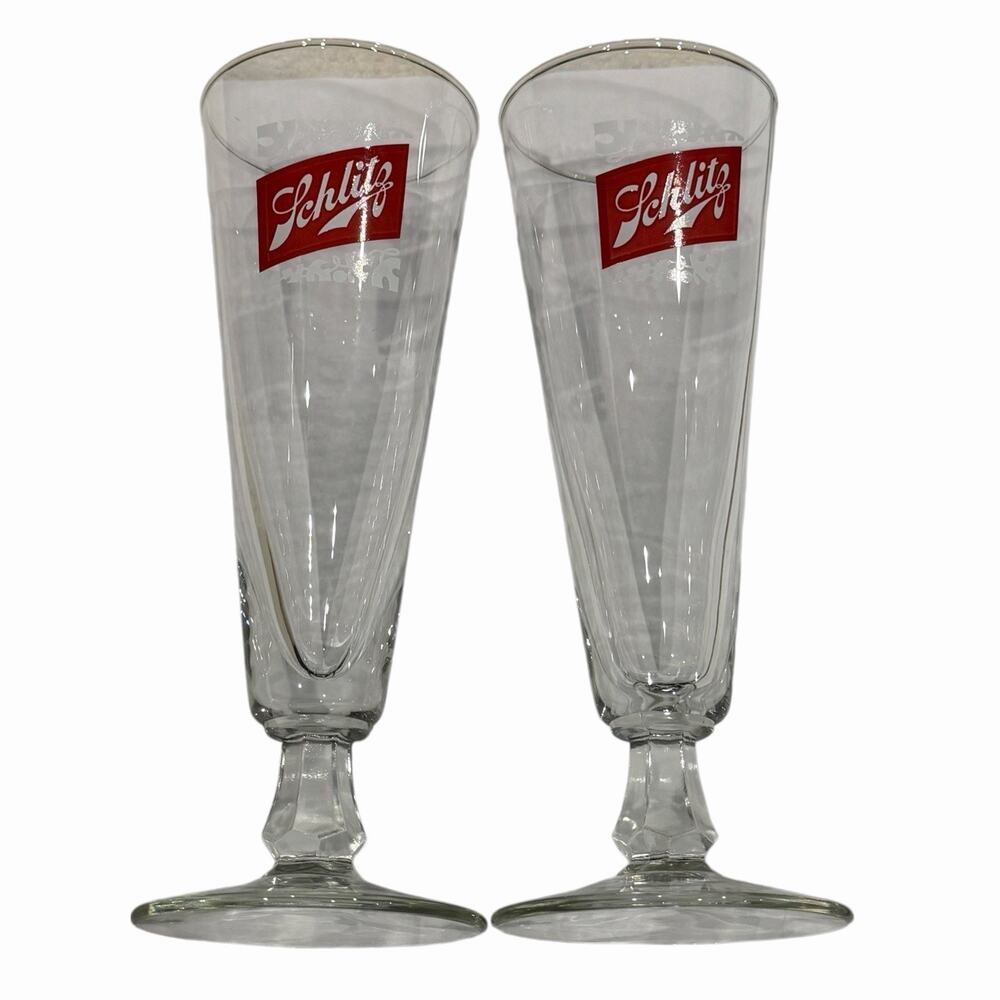 Schlitz Pilsner Beer Glasses 9oz Footed Stem Pair 8.5" Vintage 1960s Barware